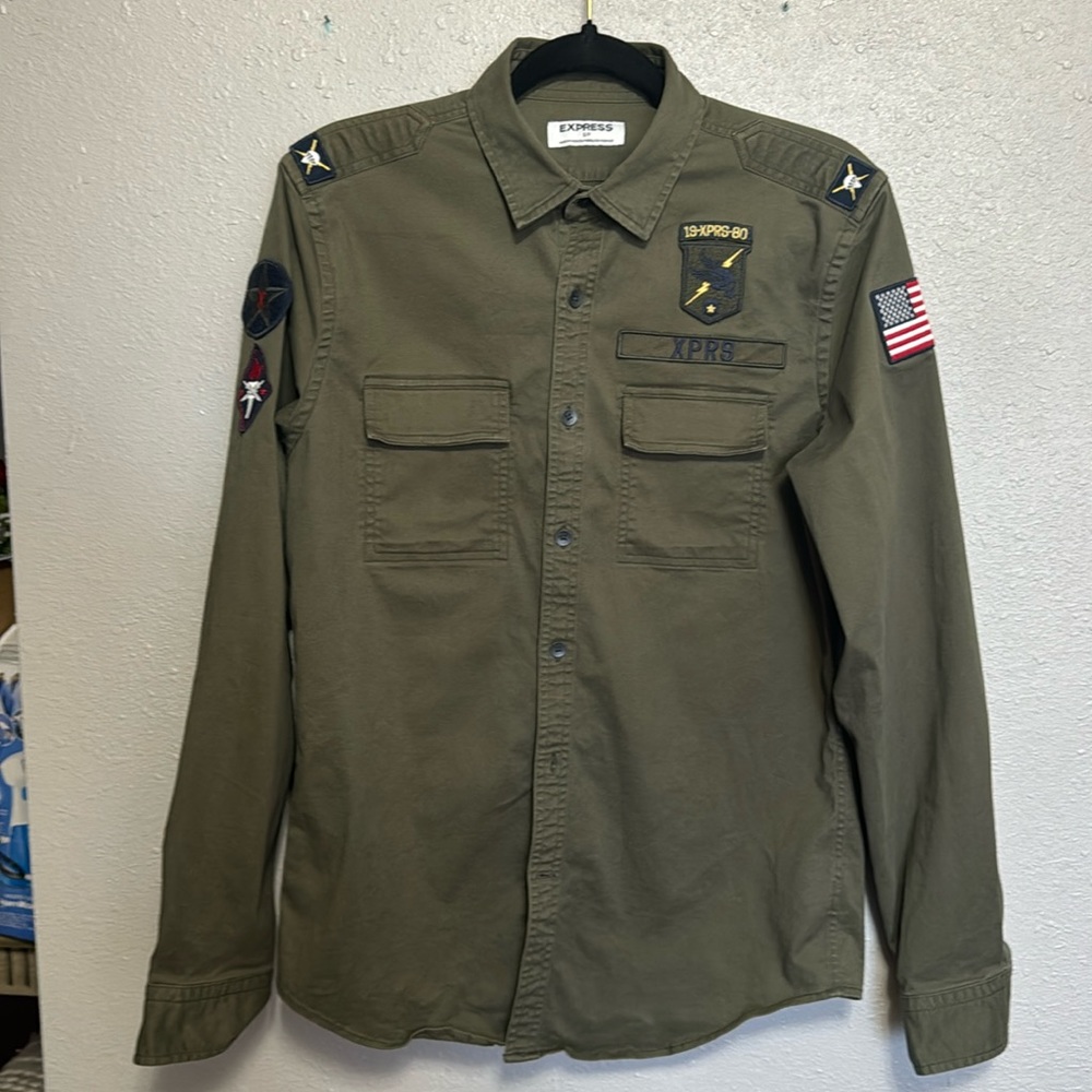 Mens Express Army green button down